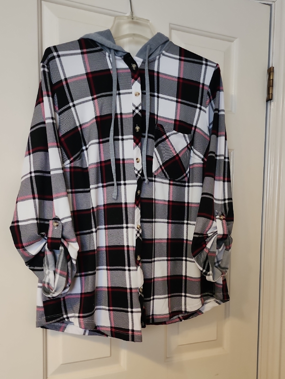 Plaid Hooded Button-Down Shirt - Black, White & Pink